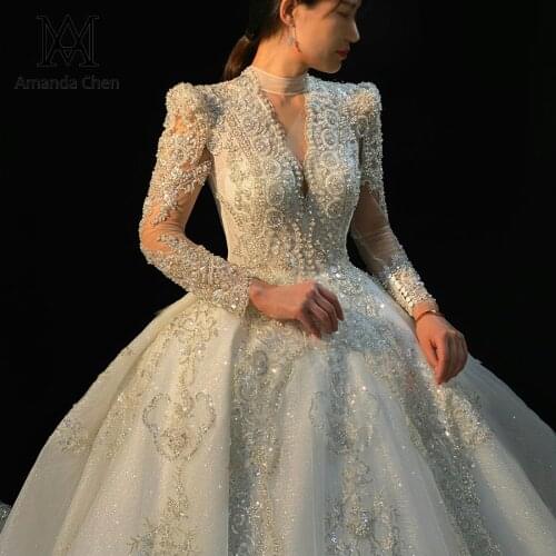 High Neck Custom made Full Sleeve Lace Appliques Luxurious Wedding dress