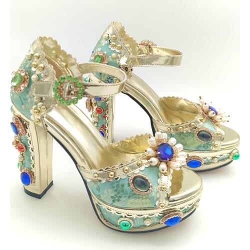 Salu Genuine Leather Sandals Women Open Toe Baroque Style Strange High Heels Shoes Buckle Shoes Woman Summer Plus Size 32-43