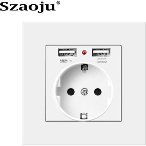 Szaoju Germany power socket usb charging port 5V 2.1A PC Panel Wall Socket Dual USB Outlet Charge Port EU Standard AC 110-250V