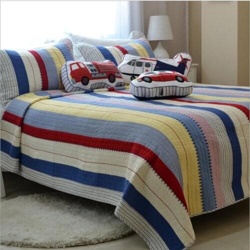 100% cotton Quilted Rainbow Stripe Bedspread Bed Cover Bed Sheet size 230x250cm blanket Pillowcases 3pcs