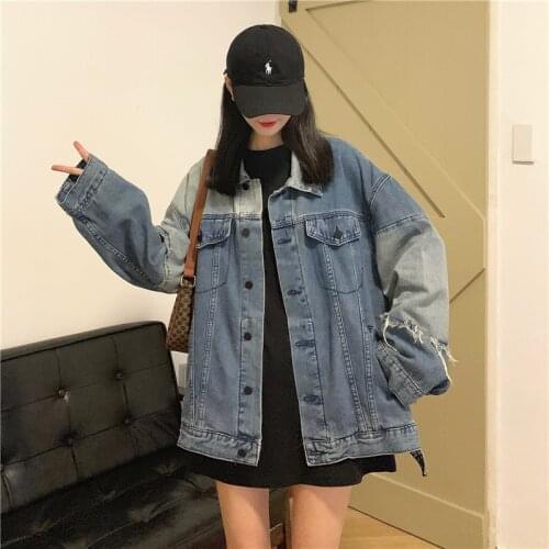 Streetwear Patchwork Denim Jacket Women 2021 Spring Autumn Lapel Single Breasted Vintage Long Sleeve Female Oversized Outerwear