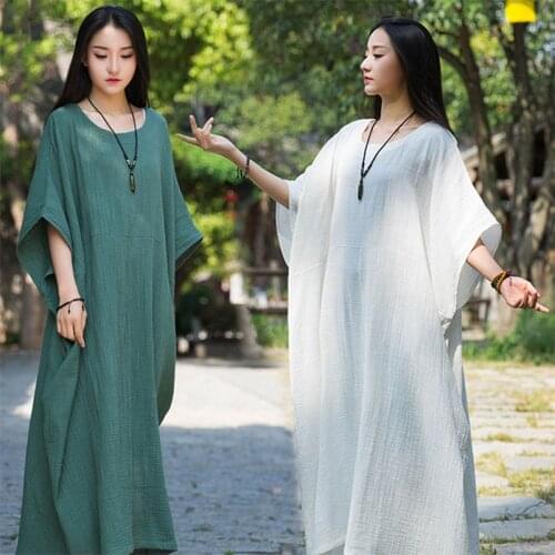 Large Size Women Long Maxi Dress Summer New Fashion Boho Loose Cotton Linen Dress O-Neck Batwing Sleeve Vintage Holiday Dress