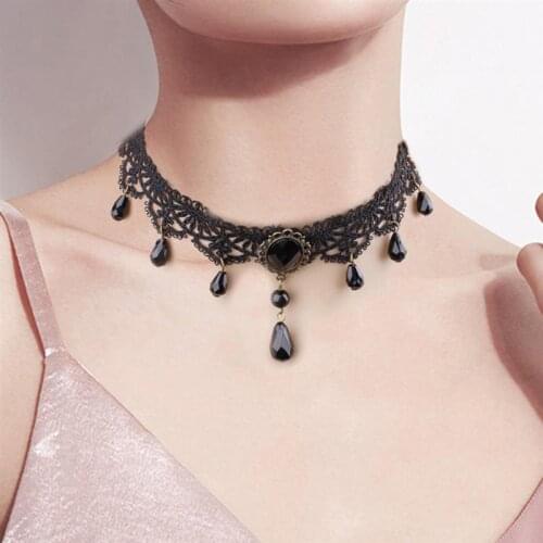 1pc Fashion Sexy Womens Gothic Choker Necklace Retro Gothic Crystal Decor Lace Necklace For Party Dress Up Clothing Accessories