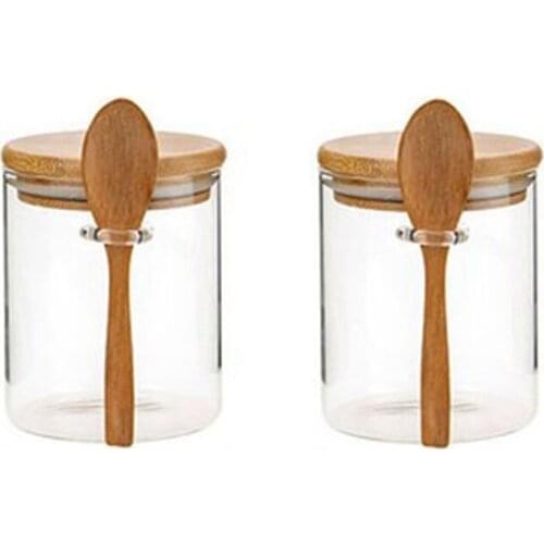 2Pcs Sugar Bowl With Bamboo Lid And Spoon Clear Glass Canister Jar For Kitchen Storag