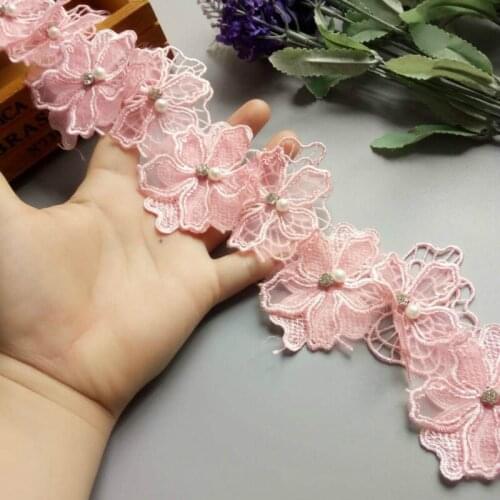2 yards Pink Pearl Flower Handmade Beaded Embroidered Net Lace Trim Ribbon Double Layered Applique Dress DIY Sewing Craft