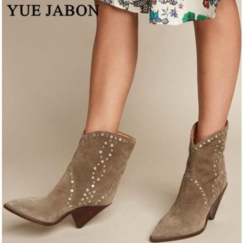 New Leather Suede Women Ankle Boots Sexy Pointed Toe Slip On Retro Cowboy Women Boots Shoes Women Chunky Heel Motorcycle Shoes