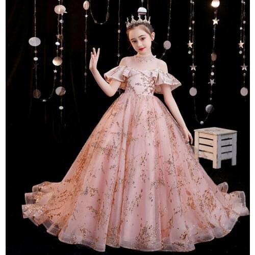 Children Girls High Quality Luxury Sweet Pink Model Catwalk Communication Princess Long Tail Dress Wedding Party Birthday Dress