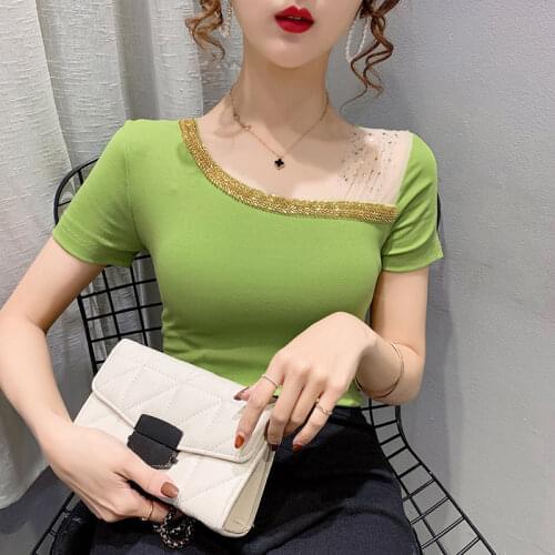 Cotton Shirt Short-sleeved T-shirt Loose Bottoming Shirt Summer 2021 New Style Strapless Irregular All-match Women Sexy Tops