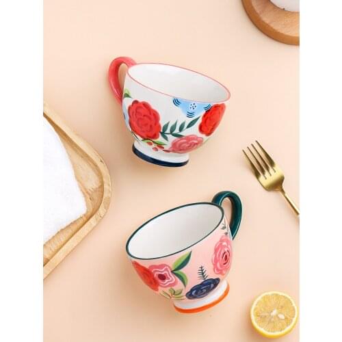 Japan Style Breakfast Ceramic Coffee Mugs With Handgrip Cute Girls Big Capacity 400ML Rose Floral Printed Under Glazed 4 Colors