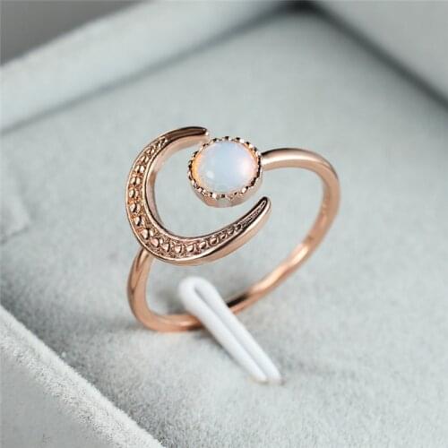 White Round Moonstone Opening Ring Vintage Rose Gold Silver Color Cute Moon Rings For Women Wedding Jewelry Female Antique Ring