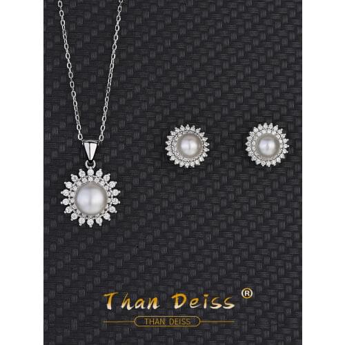 S925 Sterling Silver Round Necklace Two-Piece Set Of Micro-Set Zirconia Freshwater Pearl Pendant Earrings Fashion Simple Female