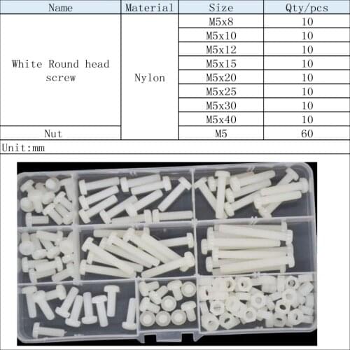 M2 M2.5 M3 M4 M5 M6 White Nylon Pan Head Phillips Machine Screw Metric Thread Cross Plastic Round Head Bolt Assortment Kit