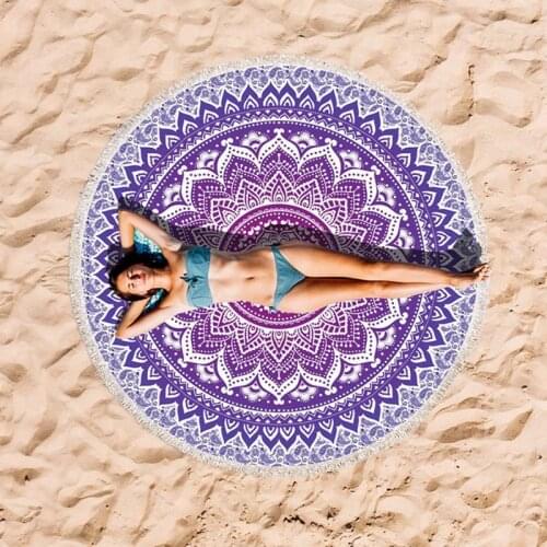 Microfibe Bath Towel Boho Round Beach Towels With Tassels For Child Adult Purple Mandala Beach Mat For Woman Yoga Pool Swiming