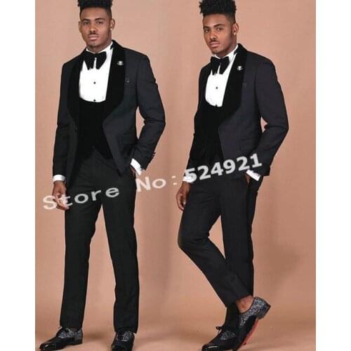 Custom Made Groomsmen Black Groom Tuxedos Shawl Velvet Lapel Men Suits Wedding Best Man Blazer ( Jacket+Pants+Vest+Tie ) C453