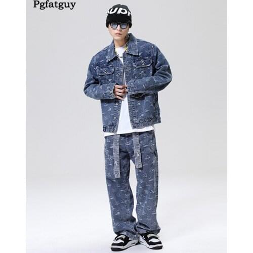 Plus Size Hip-Hop Mens Jeans Sets New Oversized Printed Long Sleeve Denim Jacket and Loose Jeans 2PCS Set Size M-5XL Streetwear