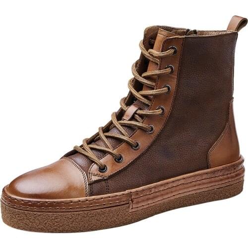 Mens High Top Shoes Riding boots Zipper Autumn Winter Military Boots Round Thick bottom Chelsea Roots Men Zipper Cowhide