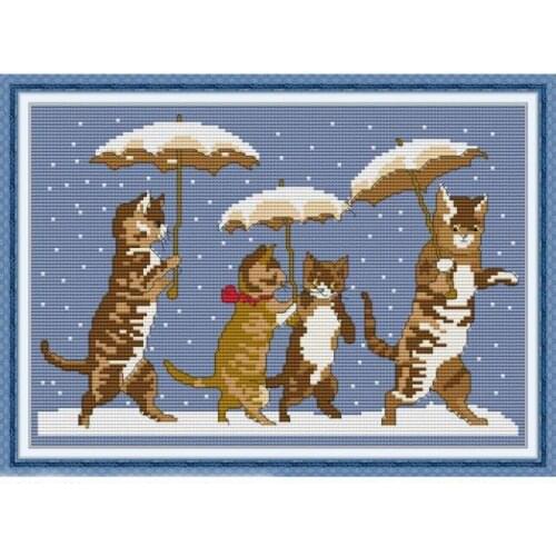 Joy Sunday Cross Stitch Kit Kitten with umbrella Patterns 14CT 11CT Counted Printed Fabric Handmade Embroidery Thread Needlework