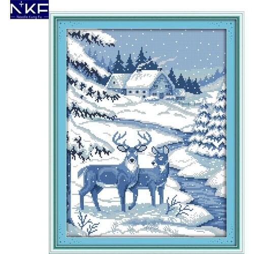 NKF Two Snow Deer Animal Pattern Handmade Craft Needlework Cross Stitch Embroidery Kit Cross Stitch for Home Decor