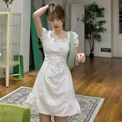 2021 New Spring Summer Platycodon Grandiflorum Bubble Sleeve Waist Closing Sexy A-line Womens Dress