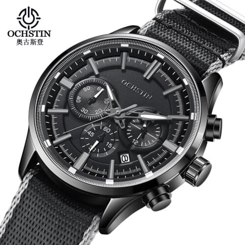 OCHSTIN Men Fashion Black Creative Quartz Wristwatches Nylon Strap Waterproof Business Male Clock Chronograph Relogio Masculino