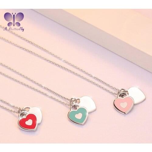 A Butterfly 925 Sterling Silver Double Heart Necklace Pendant Cute Girl Necklace Fashion Heart Pendant