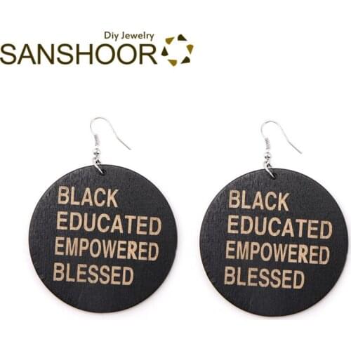 SANSHOOR New Arrival Craved Afro Words Wood Drop Earrings Fit Educated Empowered Blessed Blacks For Women Christmas Gifts 1Pair
