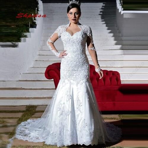 Sexy Long Sleeve Lace Mermaid Wedding Dresses Plus Size White Ivory Tulle Wedding Gowns Bridal Bride Dresses