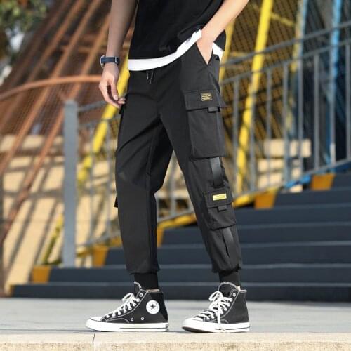 Streetwear Mens Hip-Hop Jogging Pants Ribbons Loose Fashion Cargo Pants Male Novel New Leisure Jogger Man Harem Trousers