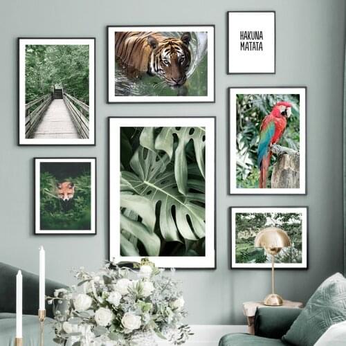 Tiger Fox Parrot Bridge Monstera Jungle Wall Art Canvas Painting Nordic Posters And Prints Wall Pictures For Living Room Decor