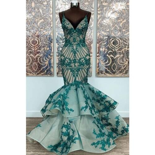 Green Appliques Mermaid Prom Dresses 2020 Spaghetti Straps V Neck Formal Evening Dress Lace-up Back Robe De Soiree