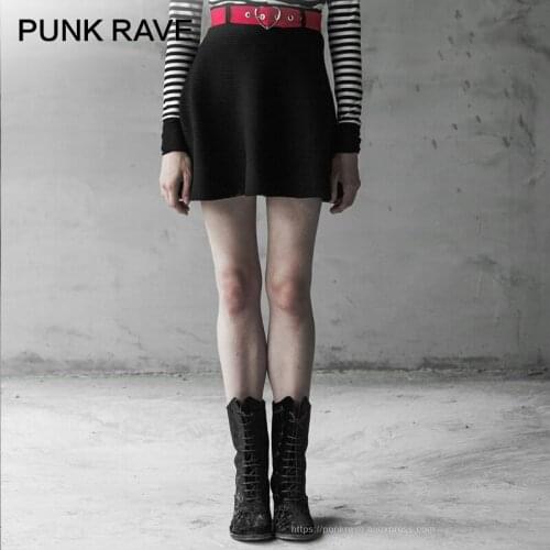 PUNK RAVE Womens Gothic Daily Woolen High Waist Half Skirt with Belt Metal Love Iron Ring Casual Kawaii Women Skirts
