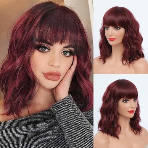 Beauebony Wine Red Wig With Bangs Synthetic Hair Natural Curly Fringe Short Bob Womens Wigs 99J Burgundy Kanekalon Colored Wigs