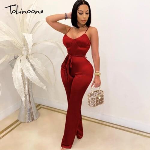 Tobinoone Sexy women jumpsuit romper With Sash High waist party ladies long jumpsuit v neck backless clubwear female overalls