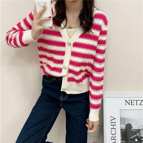 Vintage Korean 2021 Elegant And Sweet Zebra Stripe Cardigan V Neck Sweater Womens Short Knitted Temperament Wild Tops zh1673