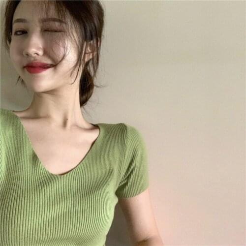 Women Short Sleeve Slim Solid Color Knitted Top Summer V-Neck Korean Style Base T-shirt Female Fashion Thin Tee Pullover Clothes