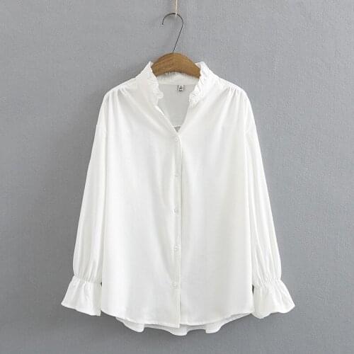 Plus Size XL-3XL Navy Blue White Solid Stand Collar Tops Women A-line Linen OL Blouse Ladies' Vintage Blusas