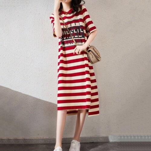 Summer Korean medium length loose and thin striped printed T-shirt dress womens student round neck medium length Fairy Dress