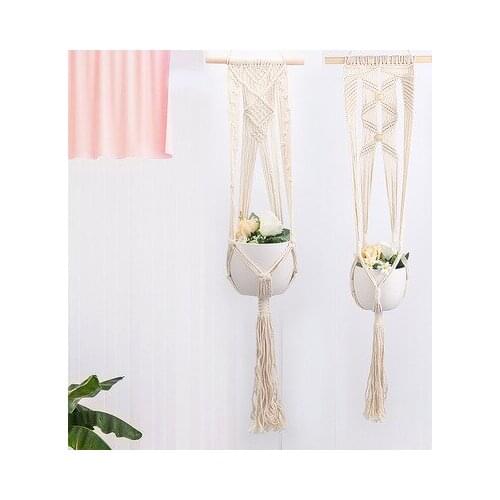 1PC Cotton Rope Hanging Basket With Wooden Sticks Flower Pots Net Pockets 100% Hand-Woven Multicolor Hanging Rope Plant Racks