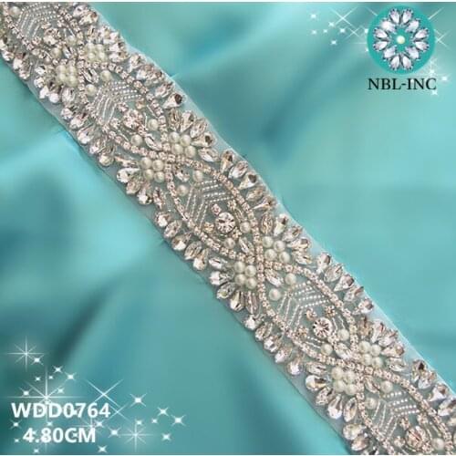 10 yards) Wholesale handmade beaded bridal rhinestone pearl applique trim for wedding dresses sash DIY iron on WDD0764