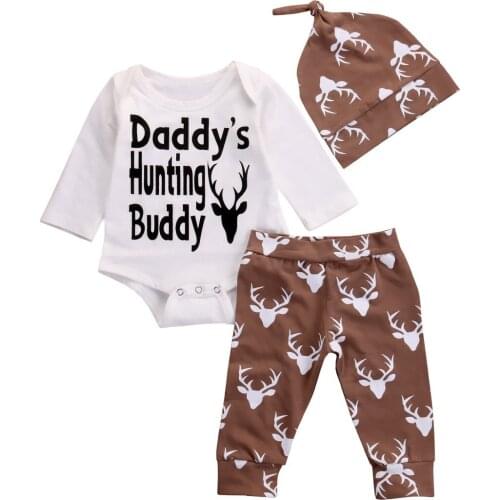 Baby Newborn Clothing Set Long Sleeve Cotton Bodysuits+ Cartoon Deer Head Pants + Hat Boy Girl 3pcs Clothing