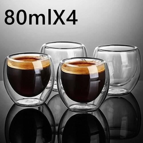 New 4Pcs Portable Transparent 80ml Double Wall Insulated Espresso Cups 2.73oz Drinking Tea Latte Coffee Mugs