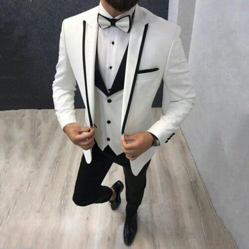 White Suit With Black Pants Groom Wear Slim Fit Wedding Dress Business Suits Prom Party Suits 3 Pieces Suit(Jacket+Vest+Pants)