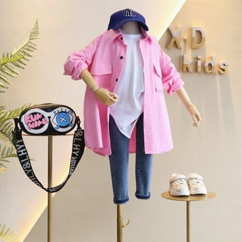 Children girls blouses 2019 autumn casual wild pink kids shirt girls coat Korean long loose jacket