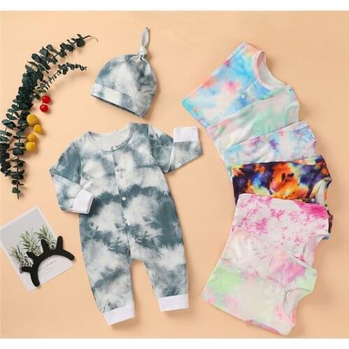 New Spring Autumn Baby Boys Romper Girls Tie Dye Long Sleeve infant Button Romper Jumpsuits Hat Newborn Clothes Kids clothing