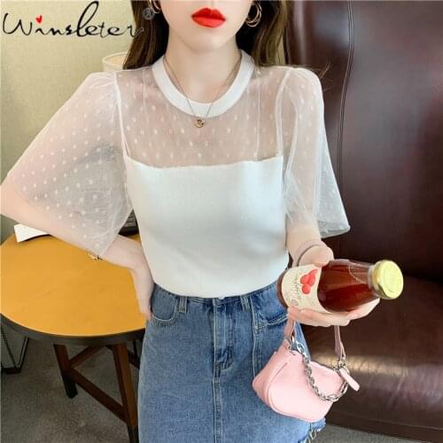 Summer White T-shirt Women Knitwear Mesh Patchwork Transparent Puff Sleeve Tees Tops For Women Girls Stretchy Knitted T16102A