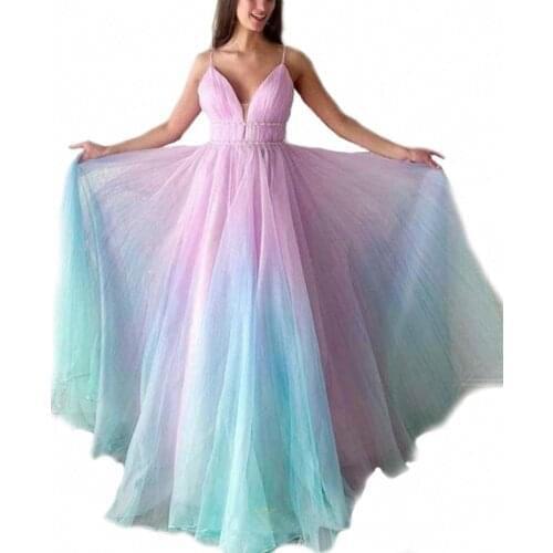 Grosfairy 2021 Spring Summer New Sexy V Neck Prom Dresses Women Fashion Spaghetti Strap Ball Gown Evening Party Vestion