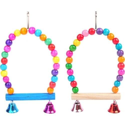 Natural Wooden Parrots Swing Toy Birds Perch Hanging Cage with Colorful Beads Bells Pet Supplies
