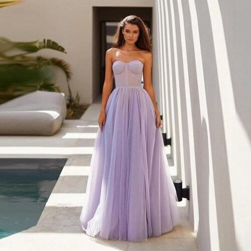Custom Color 2021 Lavender/Pink/Blue A Line Tulle Long Prom Dresses Sweetheart Boning Fitted Top Simple Formal Evening Gowns