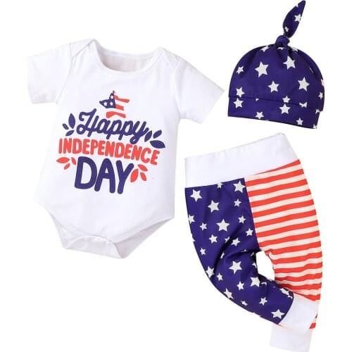 Opperiaya Baby 4th of July Independence Day Outfits Short Sleeve Letter Print Bodysuit Star Pants Top Knot Hat Casual Set