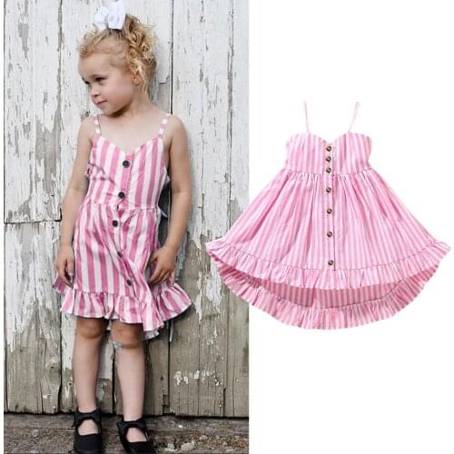 FOCUSNORM Summer Lovely Baby Girls Lovely Dress 0-5Y Striped Printed Sleeveless Single Breasted Ruffles A-Line Sundress
